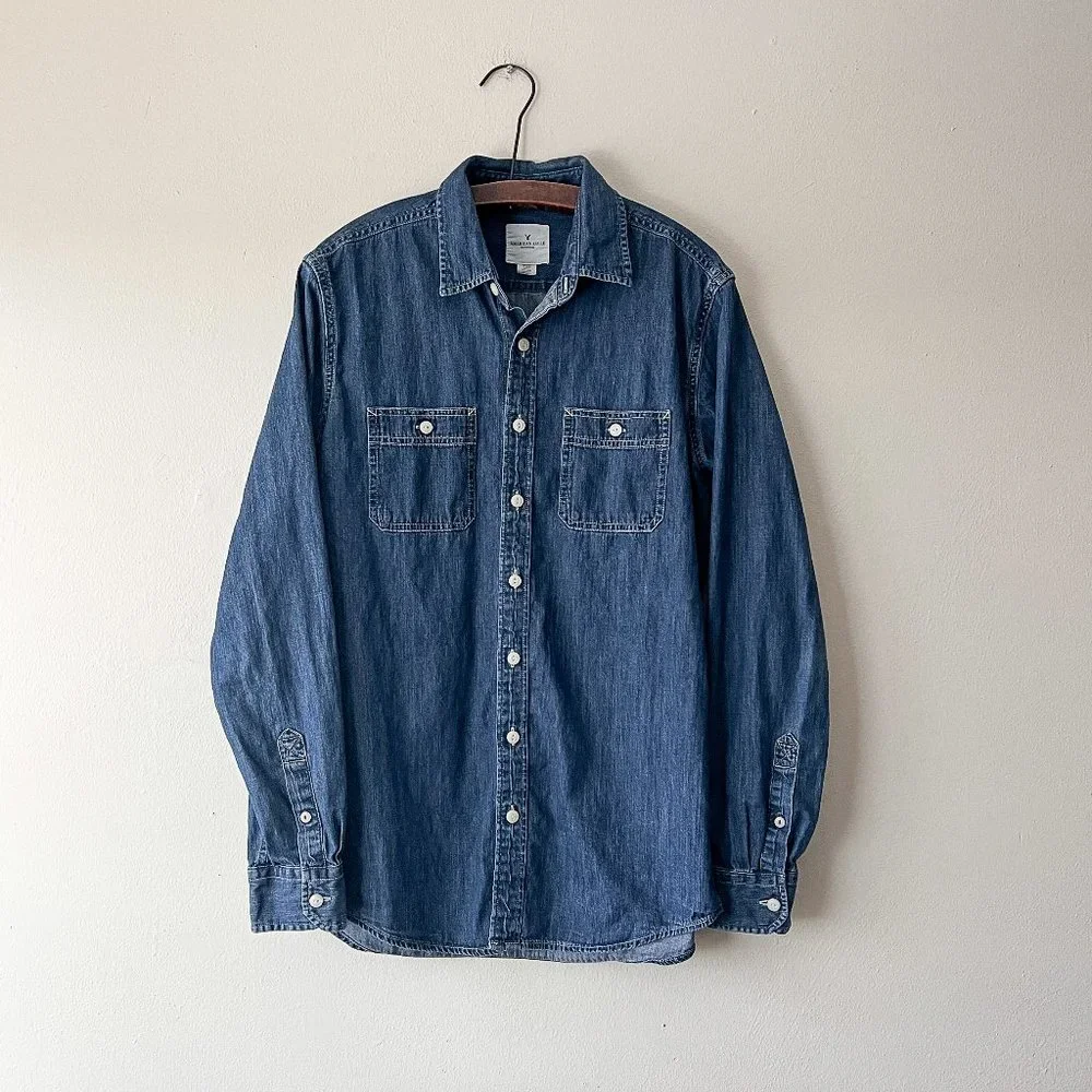 MT American Eagle Jean Button Double Breast Pocket Long Sleeve Casual Shirt Tall - Picture 6 of 10